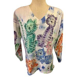 Vintage Lisa & Me Hand Painted Cat Print Top Sz M White Knit 80s/90s USA Artwear